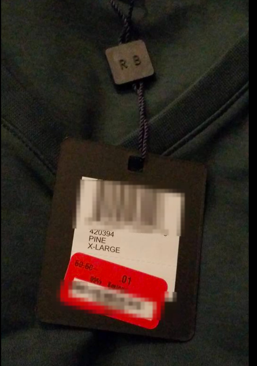 Nordstrom Rack clearance tag: shirt, Pine, X-Large, original $69.50, final price $.01