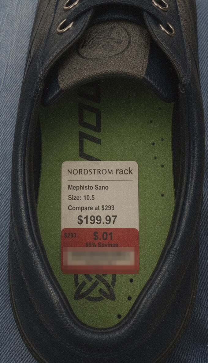 Nordstrom Rack clearance tag: Mephisto Sano, compare at $293, marked $199.97, final price $.01